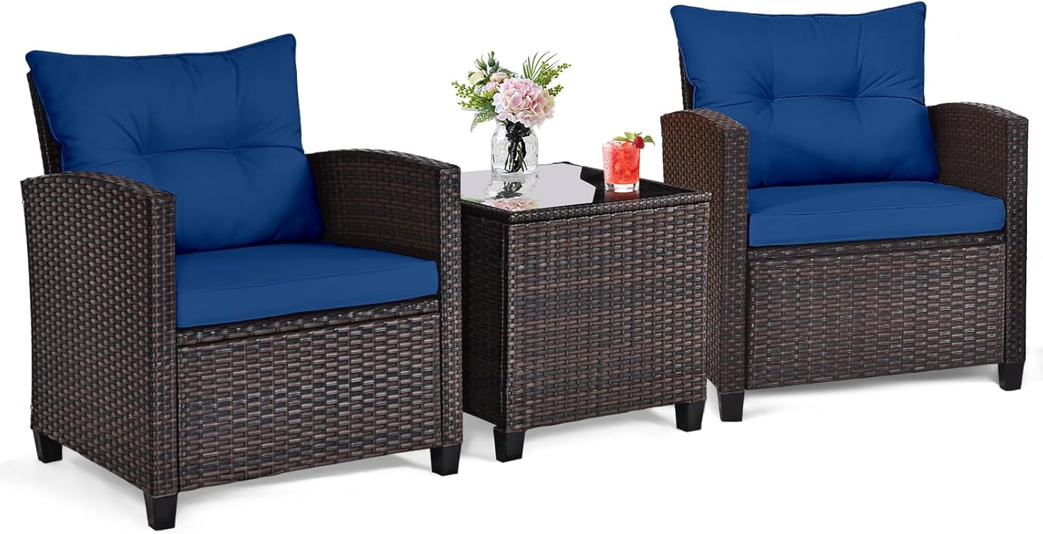 Outdoor Furniture Cushion - Navy blue rattan wicker 3-piece outdoor