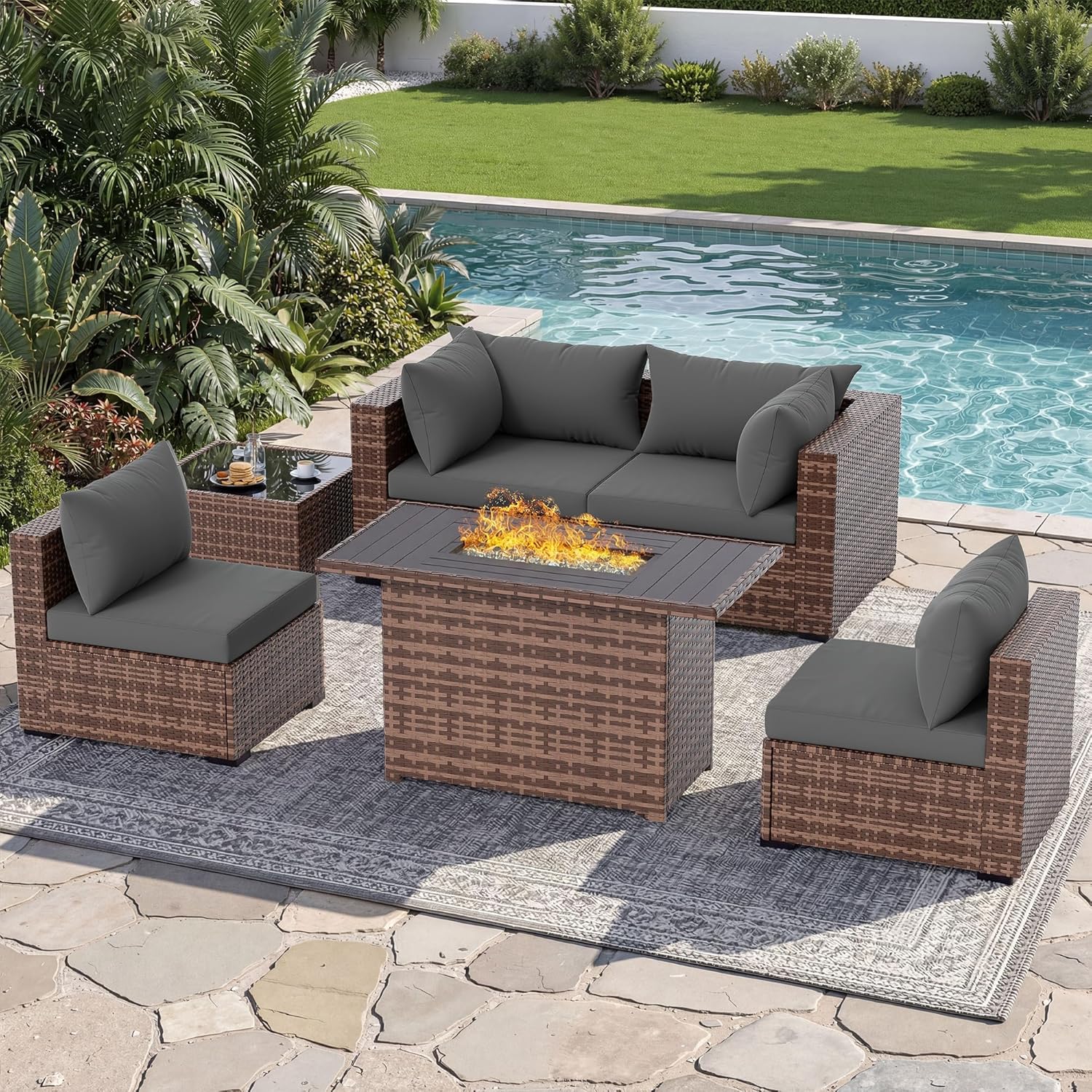 5-Piece Outdoor Sectional Sofa - Outdoor Furniture Fire Pit Set 评论和价格