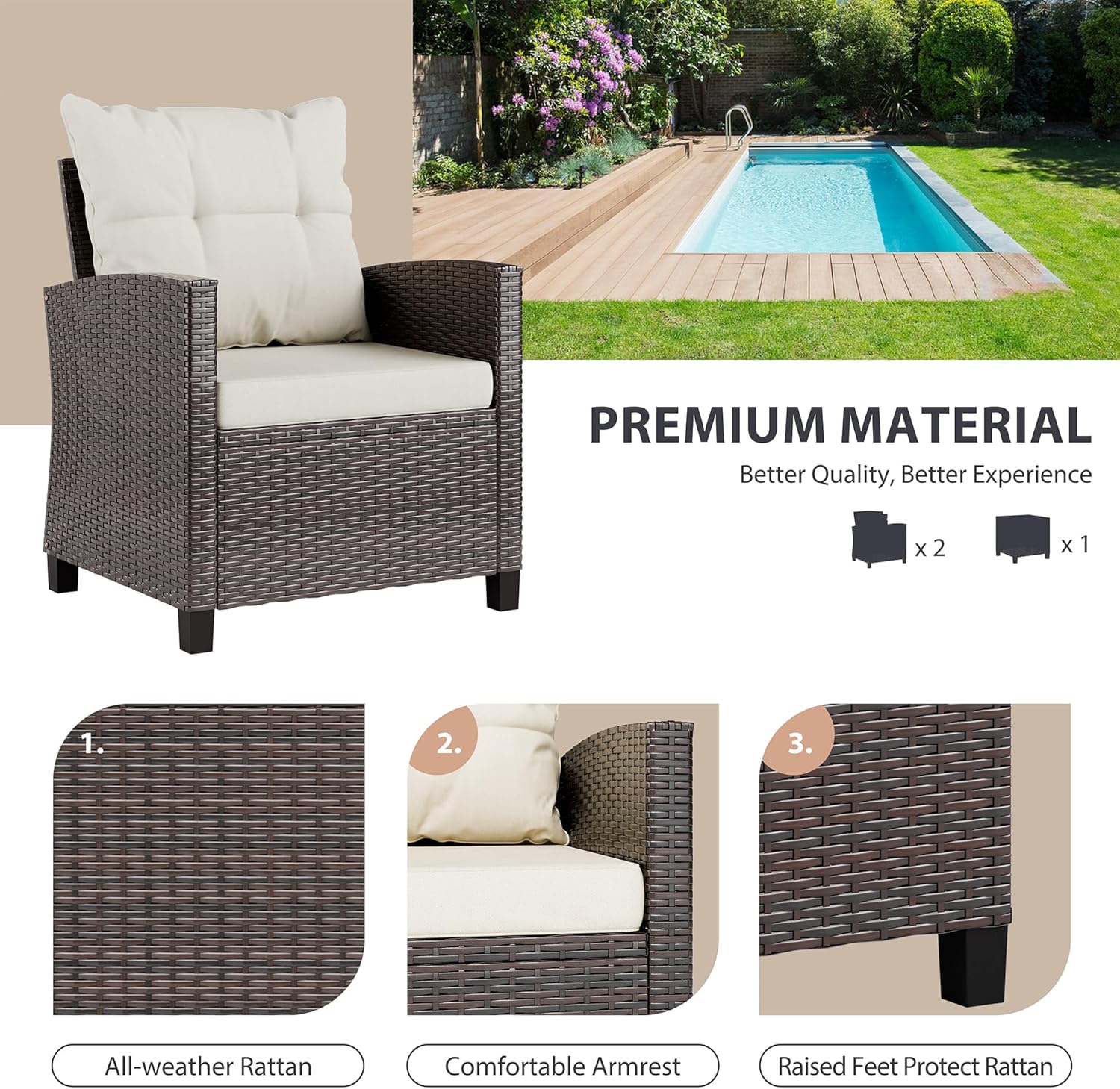 Beige compact 3-piece rattan w - Outdoor Furniture Cushion 评论和价格
