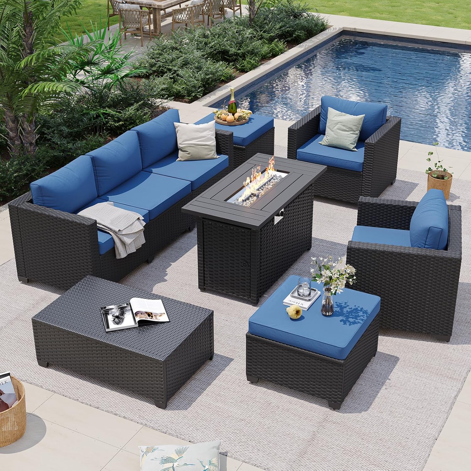 Navy Blue Outdoor Sectional So - Outdoor Furniture Fire Pit Set 评论和价格