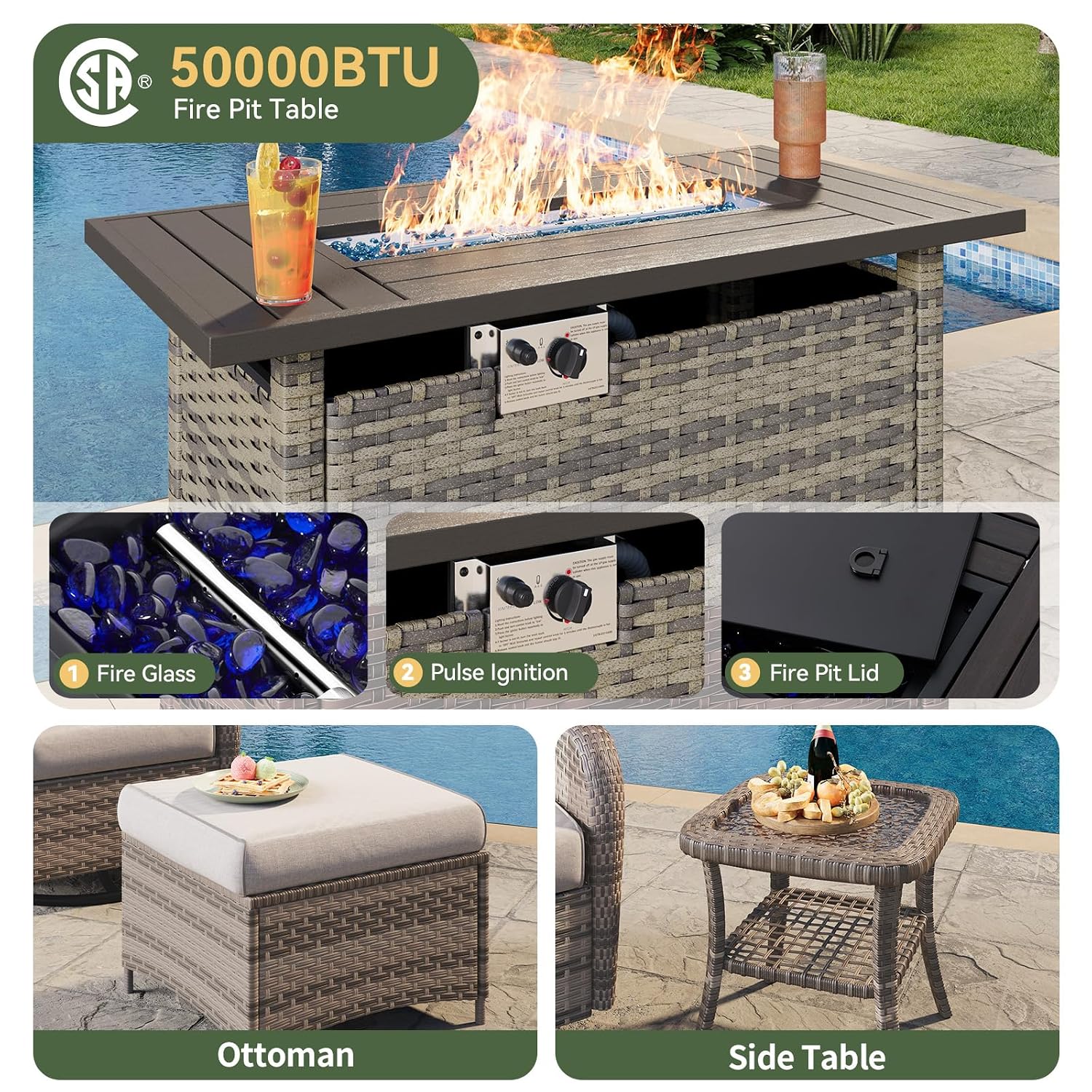 7-Piece Wicker Patio Set with  - Outdoor Furniture Fire Pit Set 评论和价格