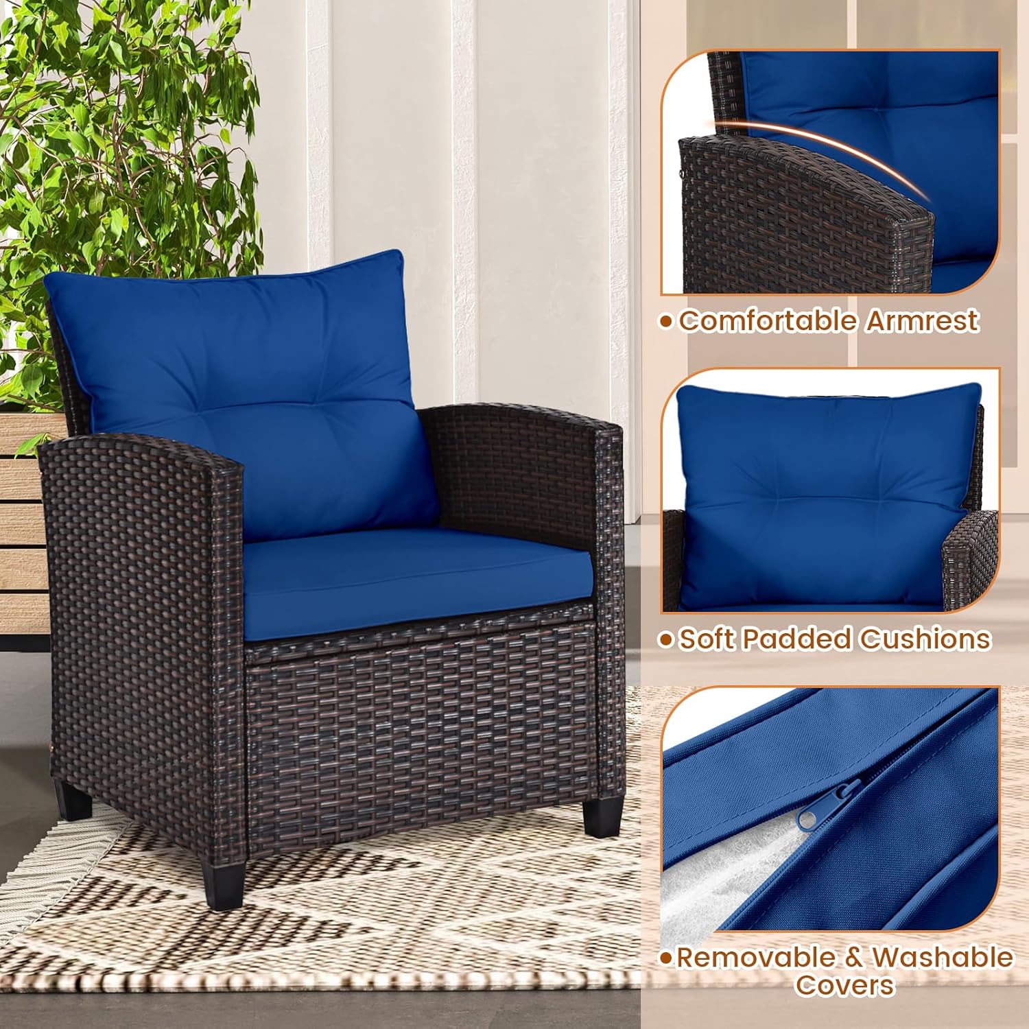 Navy blue rattan wicker 3-piec - Outdoor Furniture Cushion 评论和价格